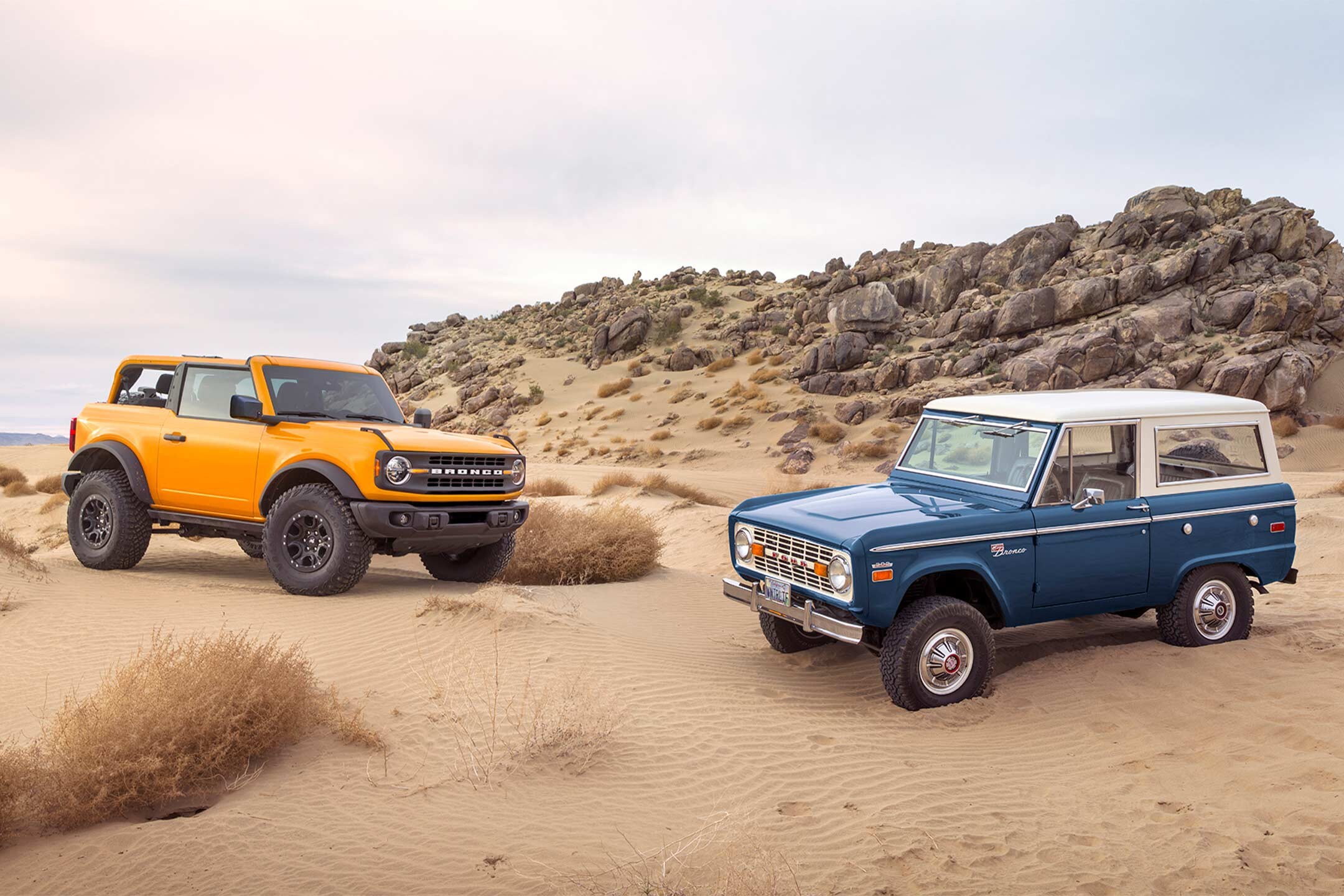 Foto de la Ford Bronco 2021 junto a un ejemplar de su primera generación