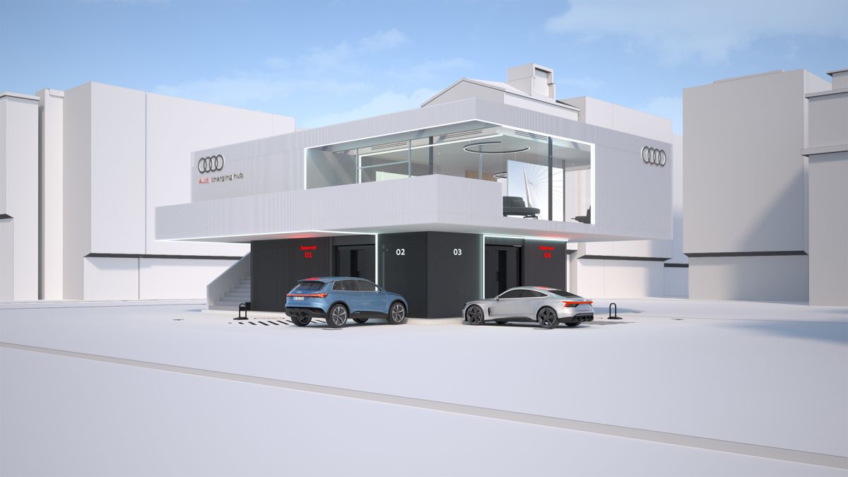 Los centros de carga de Audi serán espacios que contarán con puntos de carga rápida y con un lounge, dispuesto en una sala superior, donde las personas podrán esperar a gusto mientras su auto eléctrico está listo.