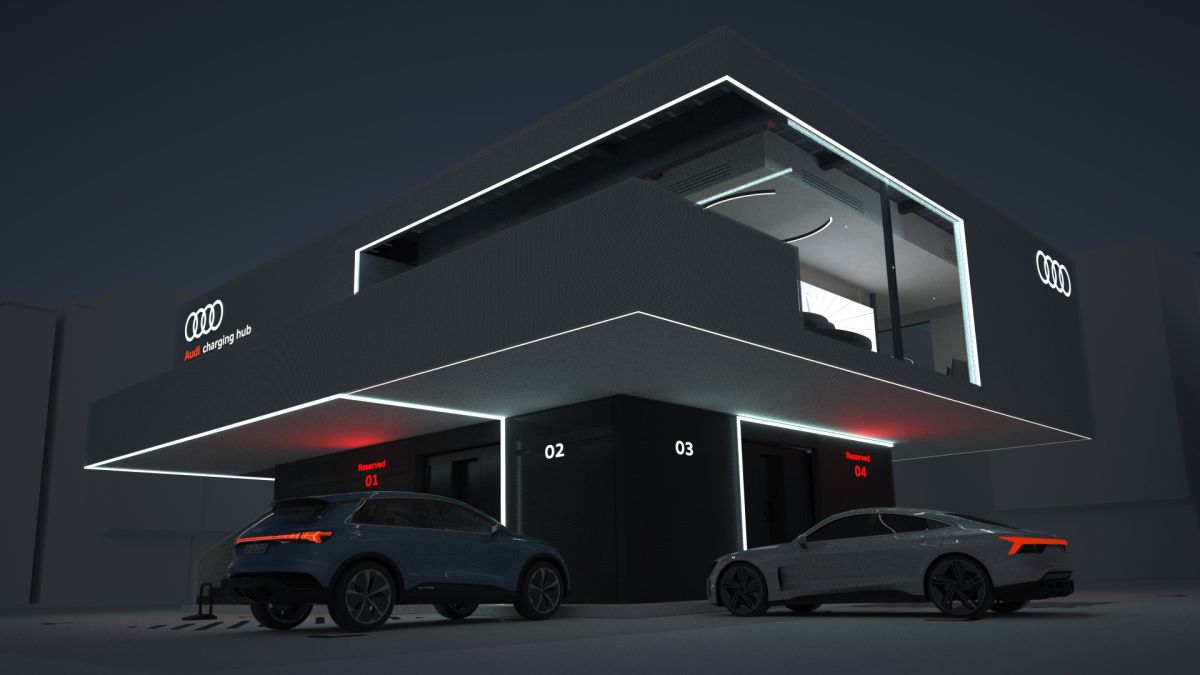 Ilustración del exterior de la estación de carga Audi durante la noche