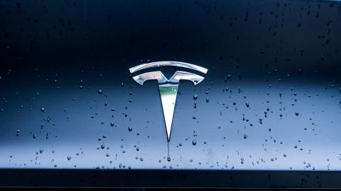 Primer plano del logo en un auto Tesla