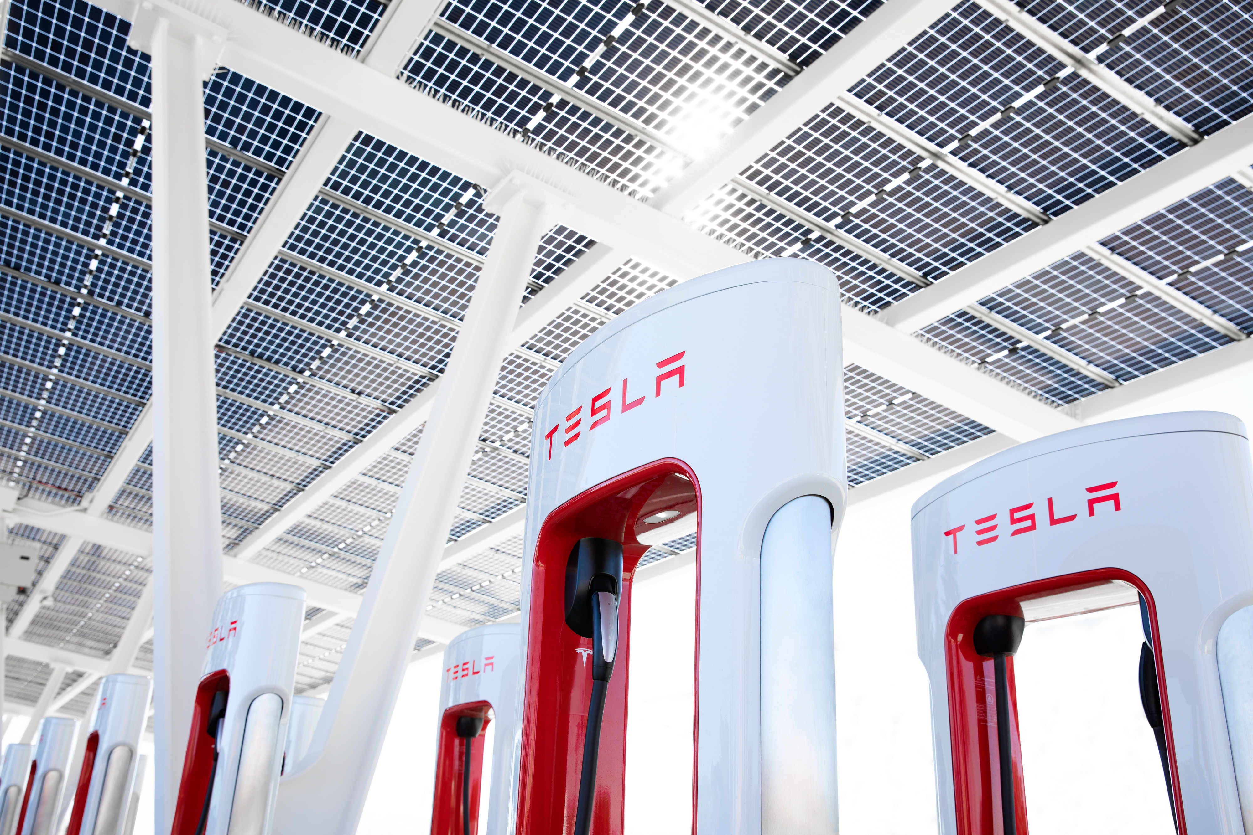 Foto de varios cargadores públicos de Tesla