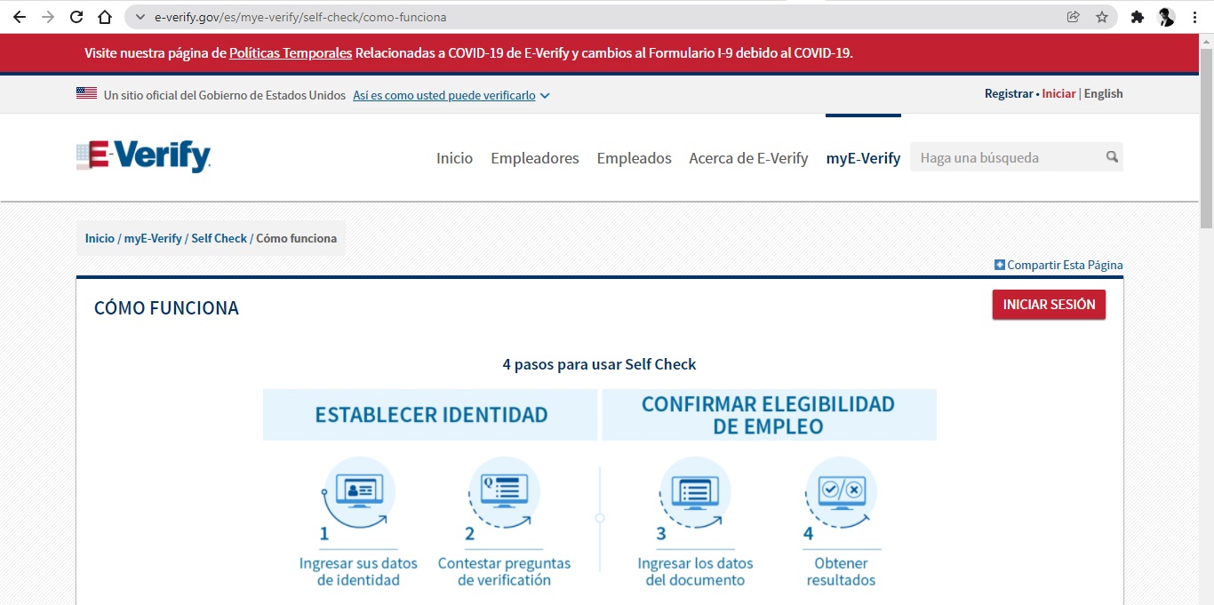 Captura de pantalla de la página web de E-Verify