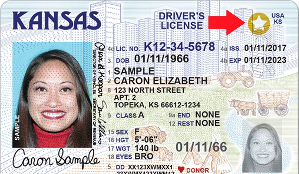 Photo of a Kansas license with Real ID