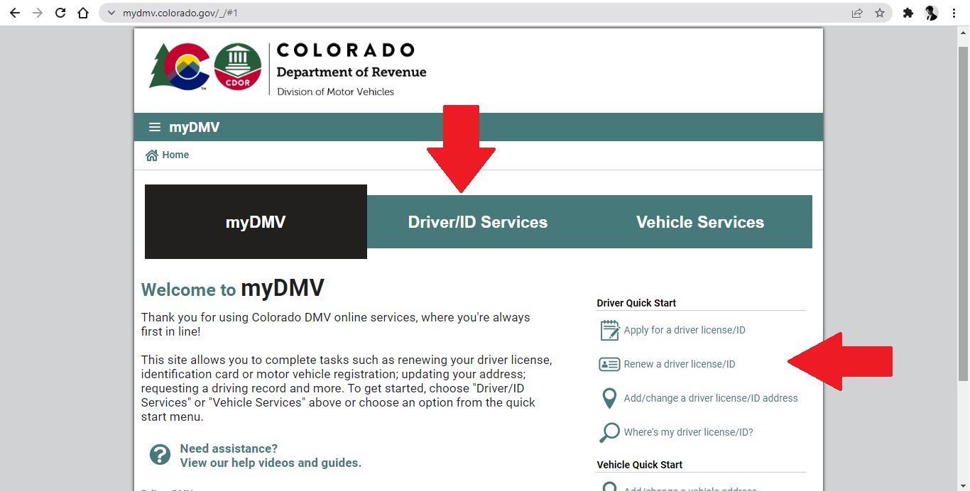 Captura de pantalla del sistema para renovar licencias del DMV de Colorado.