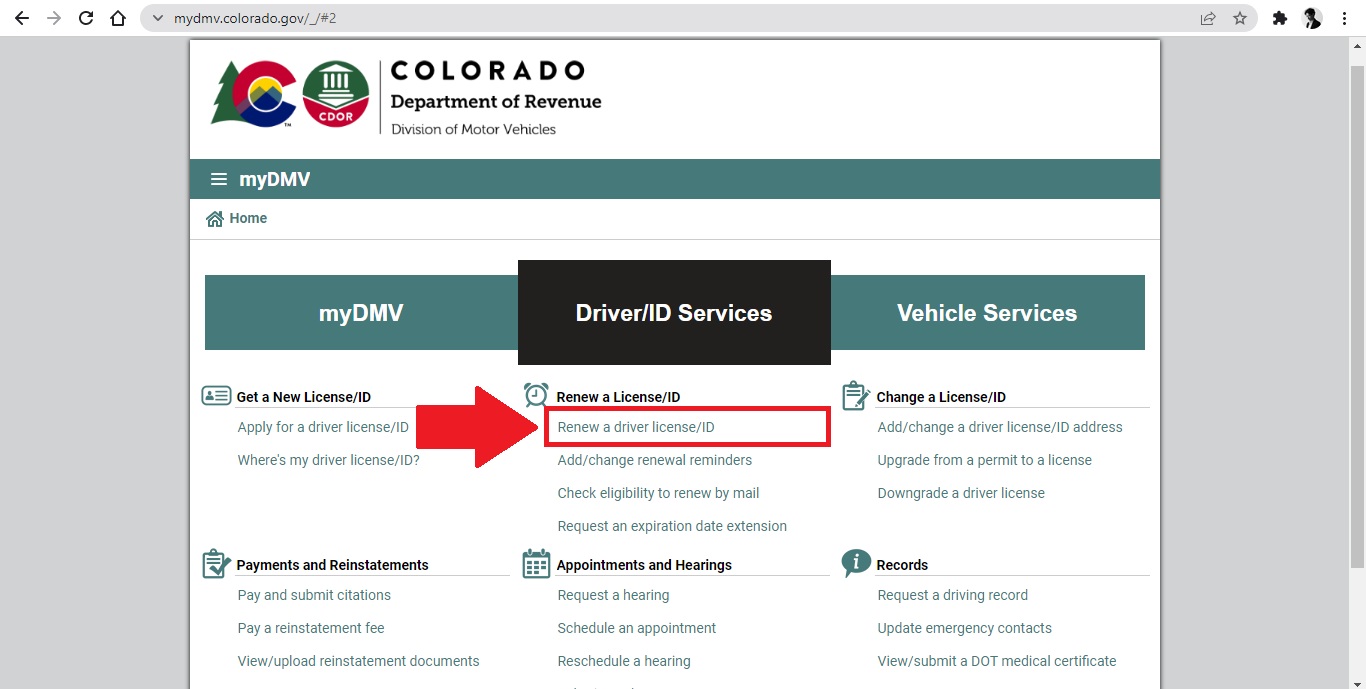 Captura de pantalla del sistema para renovar licencias del DMV de Colorado.