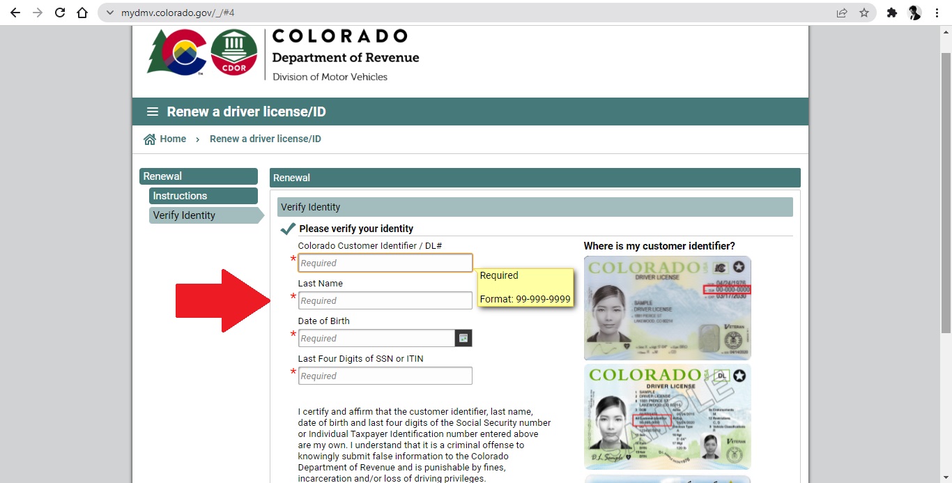 Captura de pantalla del sistema para renovar licencias del DMV de Colorado.