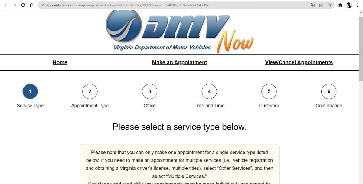 Captura de pantalla del sistema de citas del DMV de Virginia.