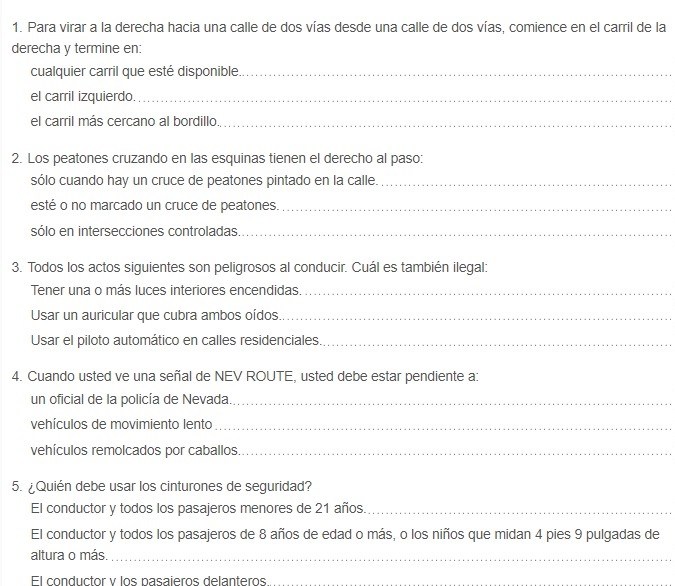 Captura de pantalla de un ejemplo de examen escrito para obtener la licencia de conducir en el estado de California.
