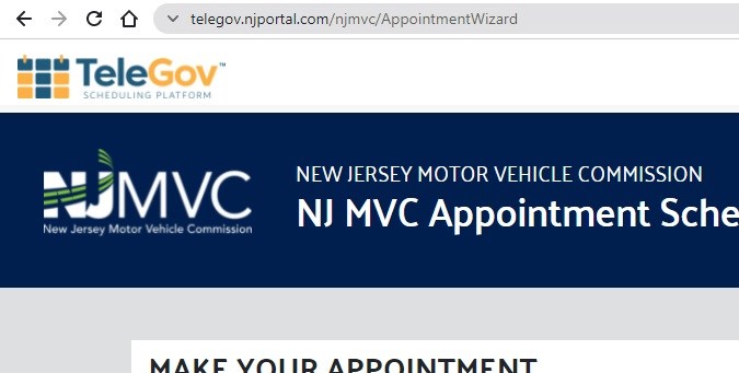 Captura de pantalla del sitio web oficial del MVC de New Jersey.