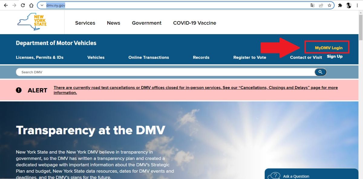Captura de pantalla de la página oficial del DMV de Nueva York.