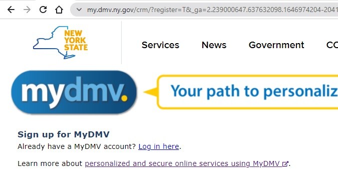 Captura de pantalla de la página oficial del DMV de Nueva York.