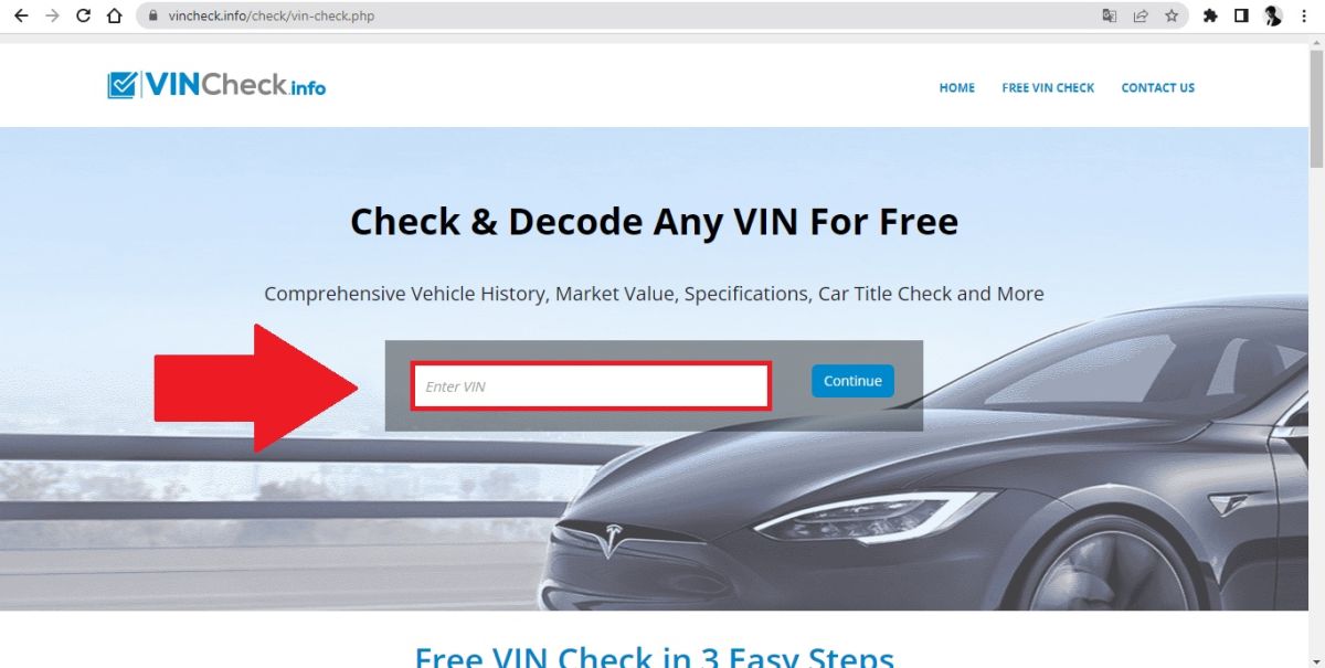 Captura de la página principal de VINCheck para consultar placas de vehículos.