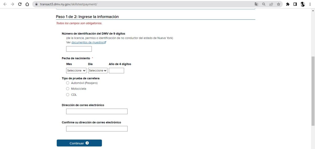 Captura de pantalla de la herramienta para la solicitud de nuevas pruebas del DMV de Nueva York.