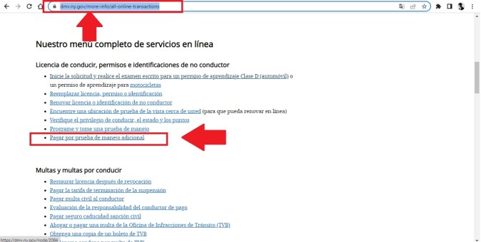 Captura de pantalla de la página de servicios en línea del DMV de Nueva York.