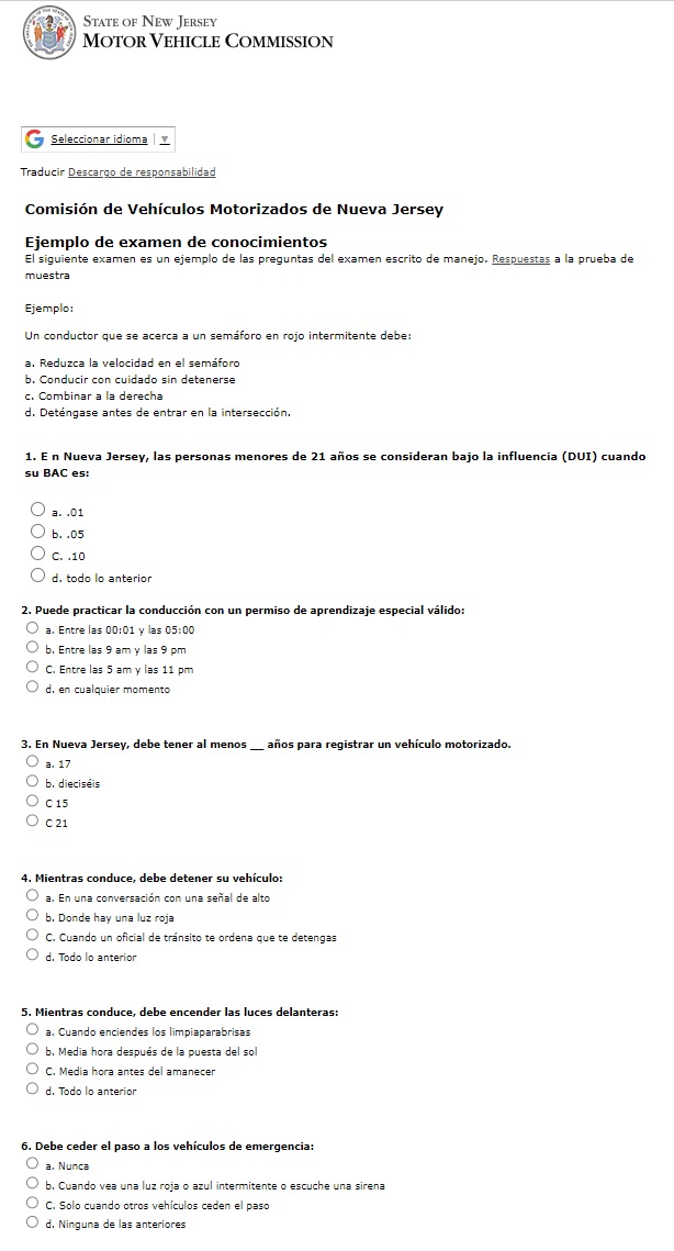 El examen de manejo de NJ está compuesto por 50 preguntas