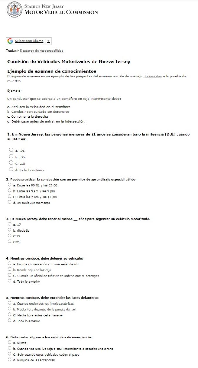 Preguntas del examen teórico de manejo de NJ las respuestas Siempre Auto