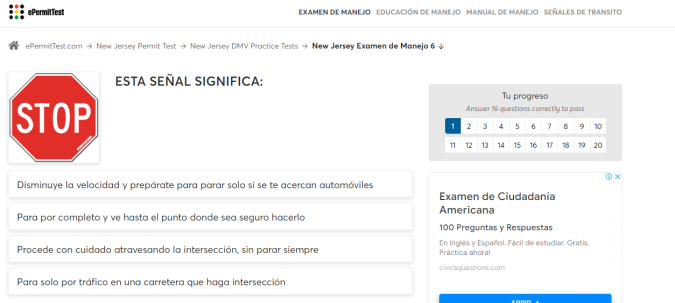El examen de manejo de NJ está compuesto por preguntas basadas en el manual del conductor.