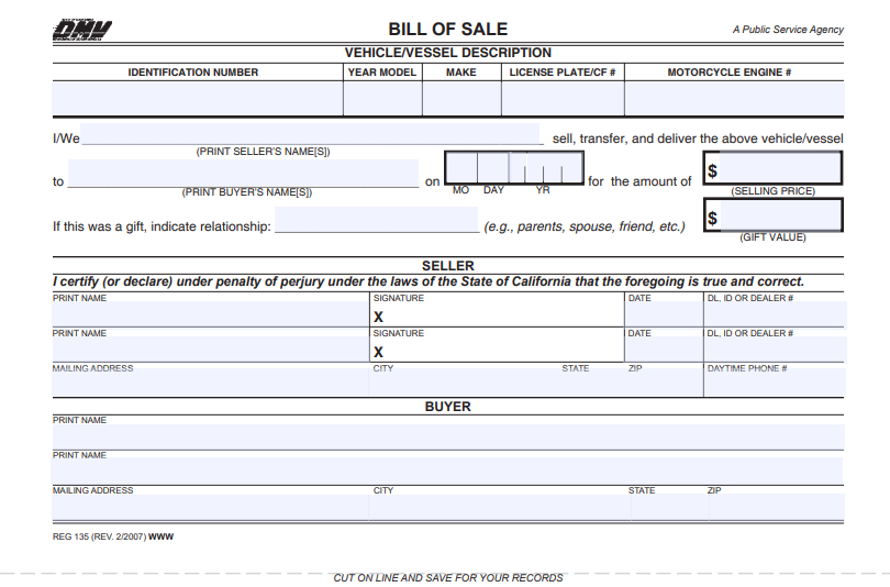 Bill of Sale para vender un carro