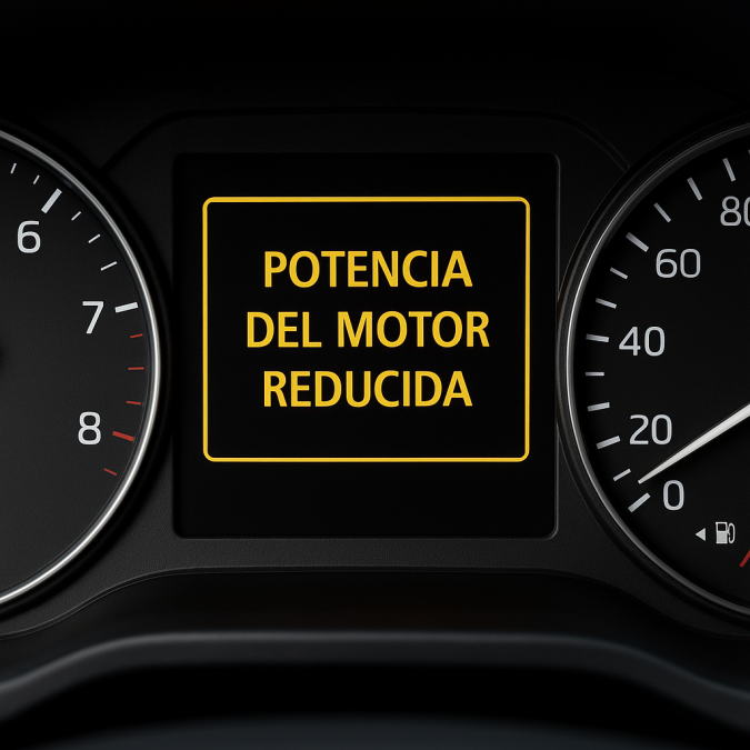 Mensaje de potencia reducida en el tablero de un auto moderno