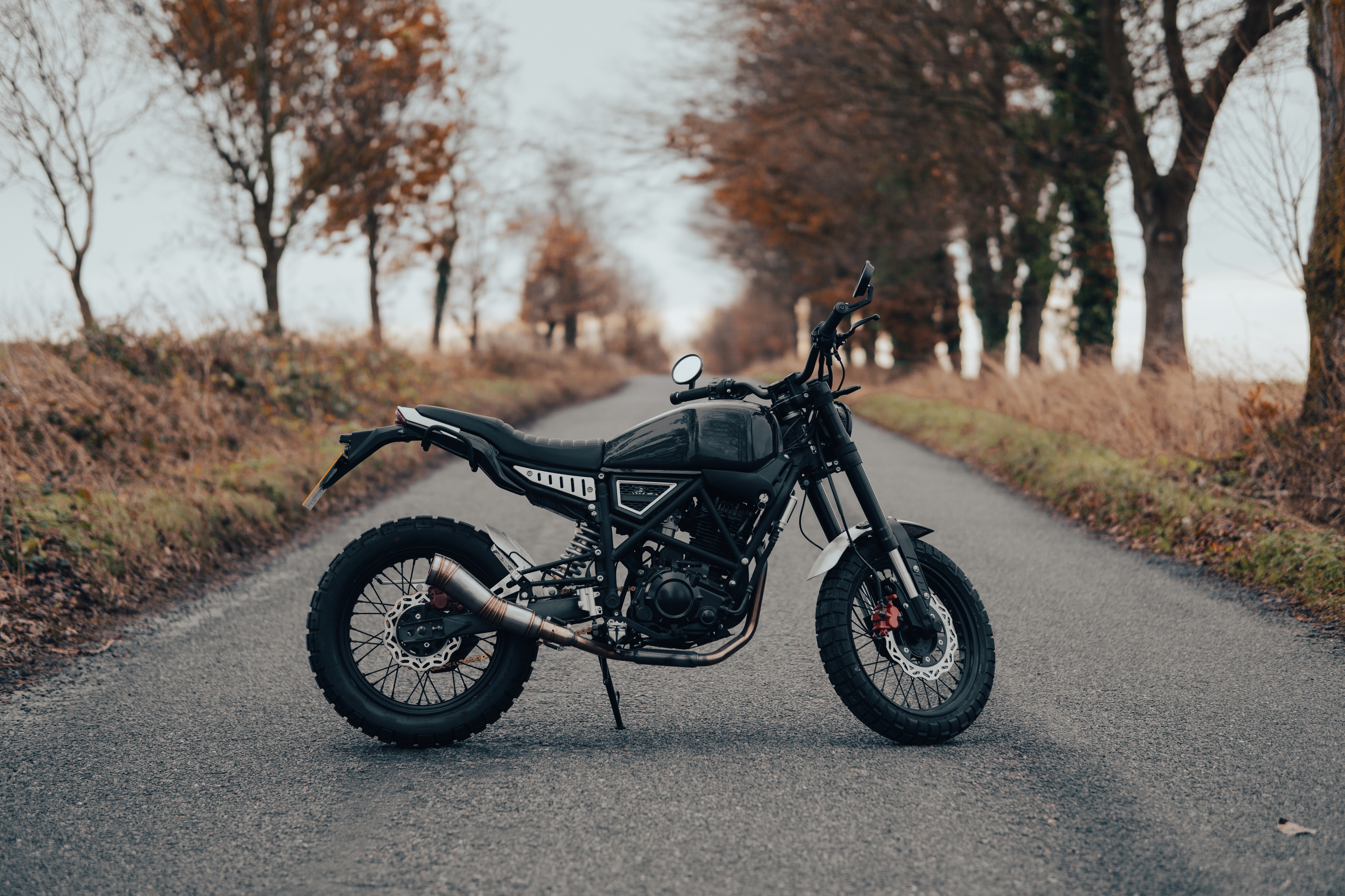 Scrambler,Motorcycle,Off-road,Machine,,Motorbike,Parked,On,A,Forest,Road