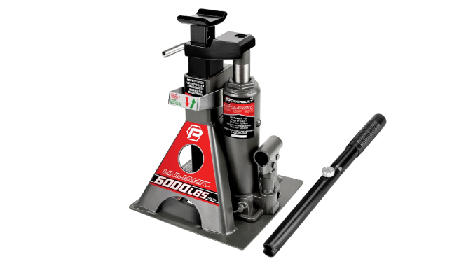 El gato hidráulico para autos Powerbuilt Unijack destaca por tener un jack stand integrado.