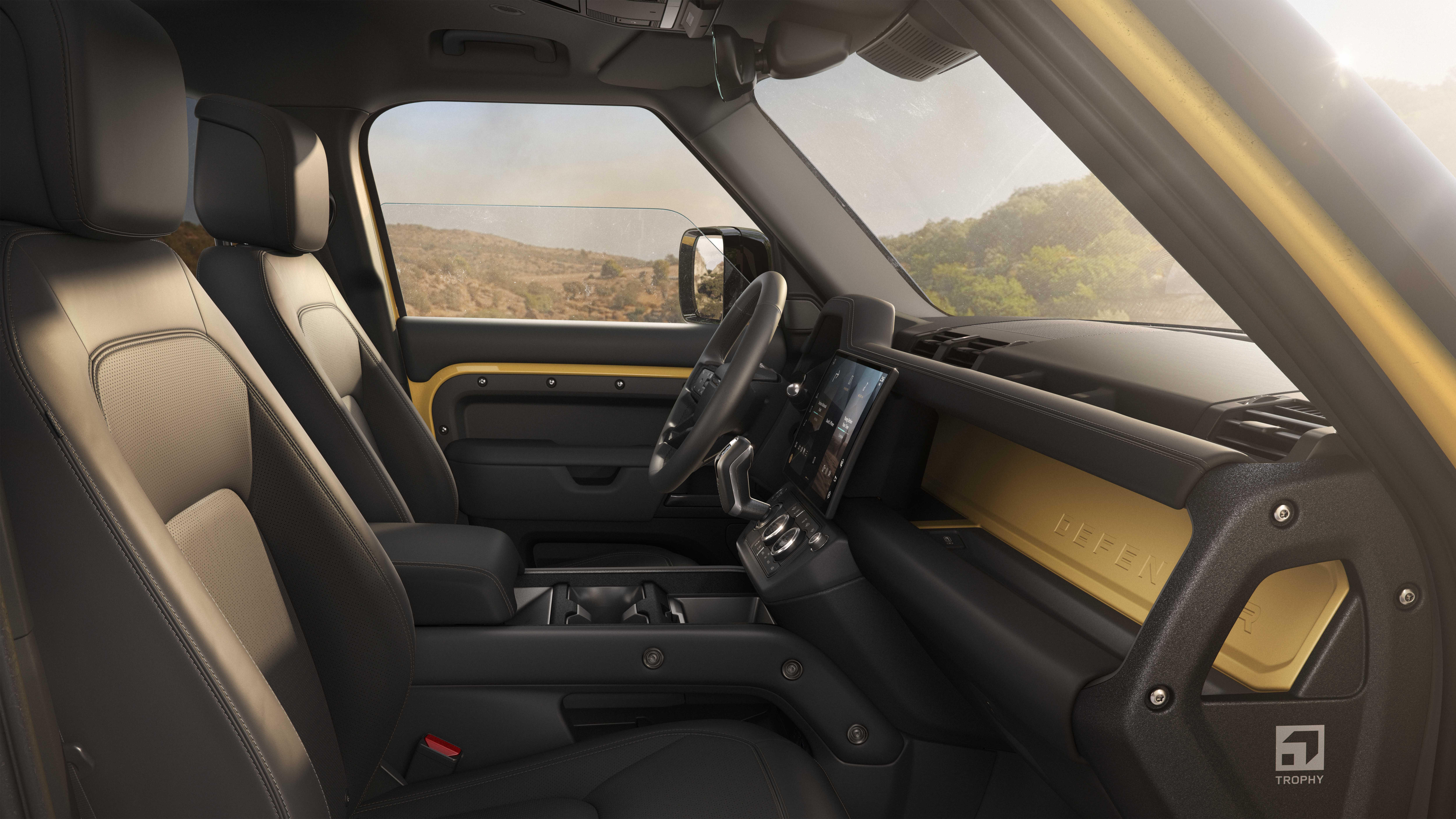 Land Rover Defender Trophy Edition 2026 tiene un interior personalizado.
