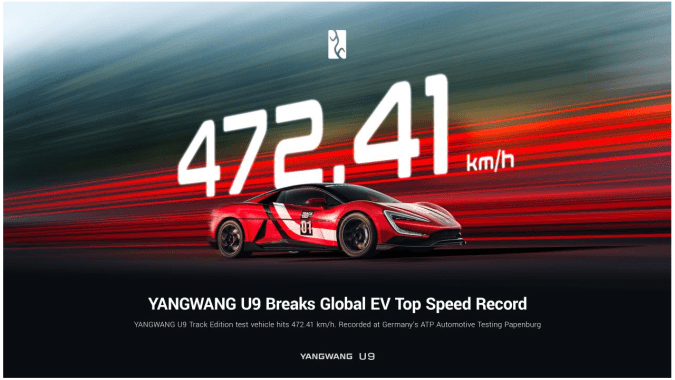 YangWang U9 Track Edition logró un récord de velocidad por 293 mph.