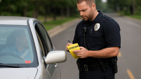 Policía de tránsito entregando un ticket a un conductor por registración vencida en Estados Unidos.