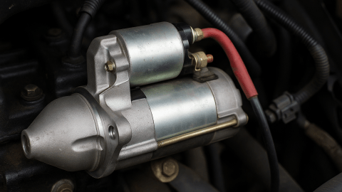 Primer plano de un solenoide de arranque de automóvil instalado en el motor.
