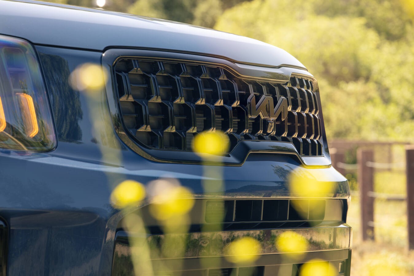 Vista frontal de la parrilla delantera de la Kia Telluride 2025 en color azul