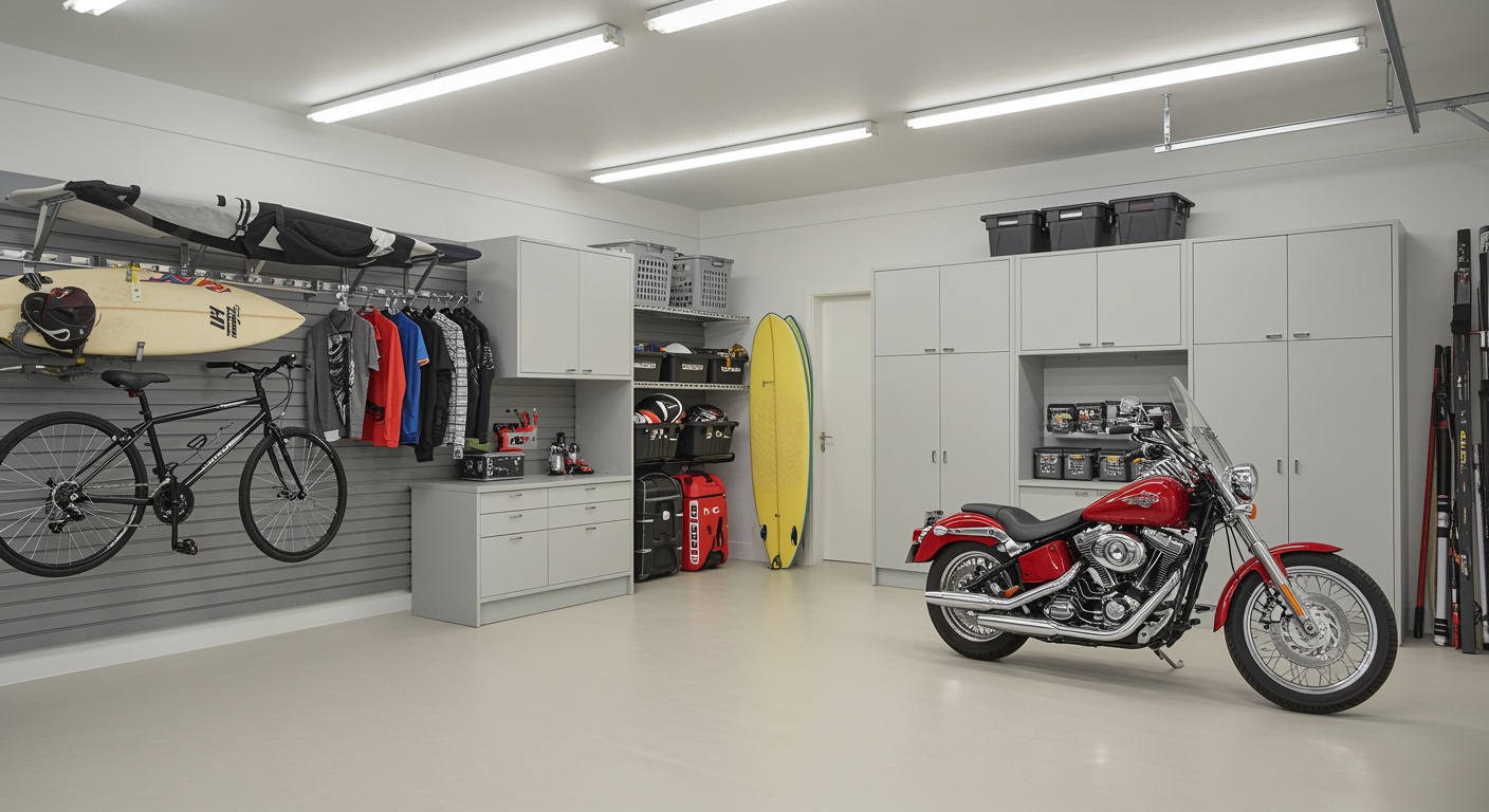 Un garaje residencial moderno y bien organizado con paredes blancas limpias y piso beige claro revestido de epoxi, lleno de gabinetes ordenados y sistemas de almacenamiento montados en la pared. Un lado muestra bicicletas, tabla de surf y equipo deportivo montado en paredes de listones grises