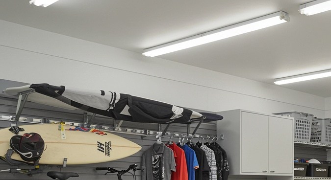 Un garaje residencial moderno y bien organizado con paredes blancas limpias y piso beige claro revestido de epoxi, lleno de gabinetes ordenados y sistemas de almacenamiento montados en la pared. Un lado muestra bicicletas, tabla de surf y equipo deportivo montado en paredes de listones grises