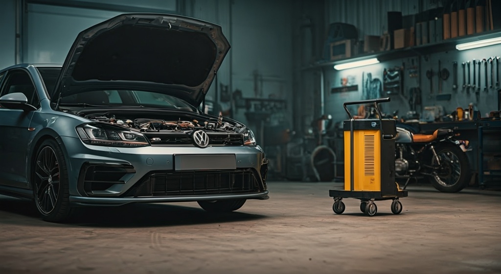 Taller organizado, se encuentra un Volkswagen Golf GTI de color gris con el capó levantado