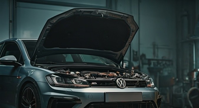 Taller organizado, se encuentra un Volkswagen Golf GTI de color gris con el capó levantado