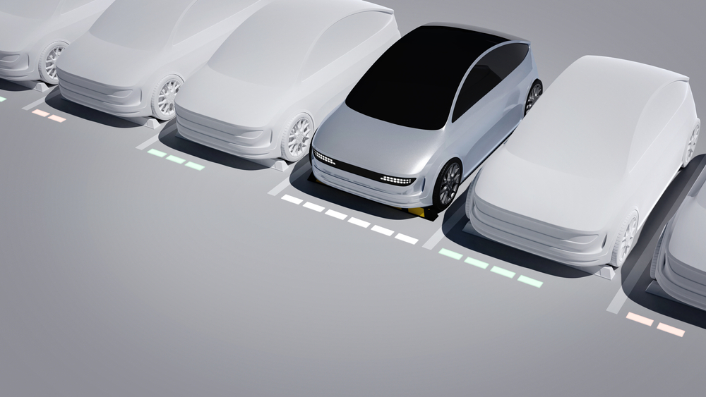 auto auto-conducido, carga inalámbrica, imagen de representación 3D.