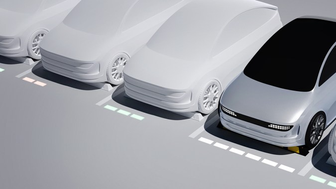 auto auto-conducido, carga inalámbrica, imagen de representación 3D.
