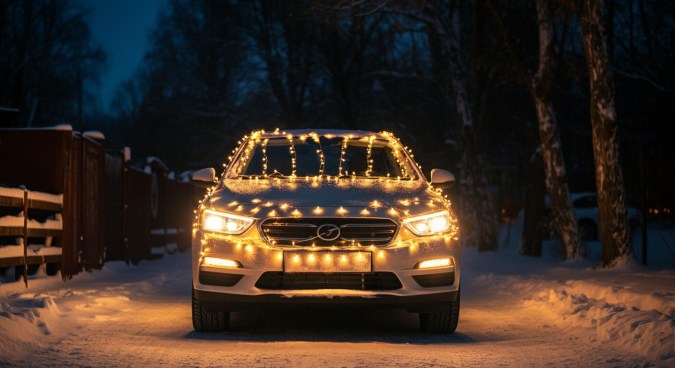 Vista frontal del coche moderno decorado con luces de Navidad Noche de país nevado