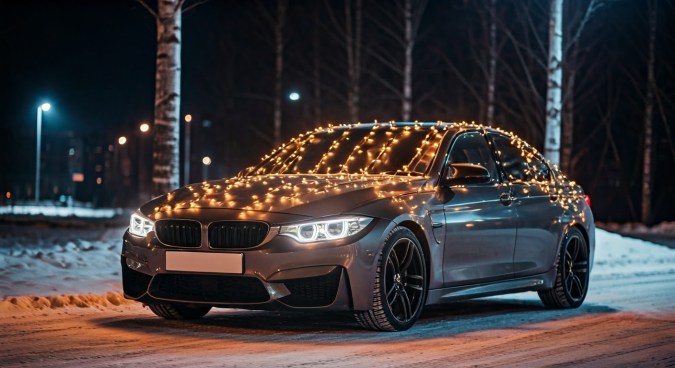 Coche moderno decorado con luces de Navidad, atardecer en el país nevado