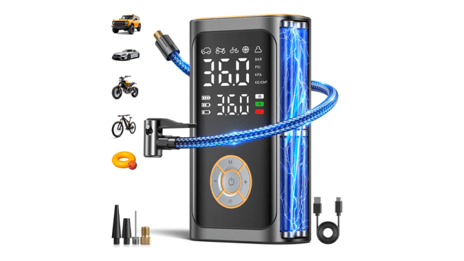 Compresor de aire portátil para inflar neumáticos Ripon tiene una buena presión de trabajo.