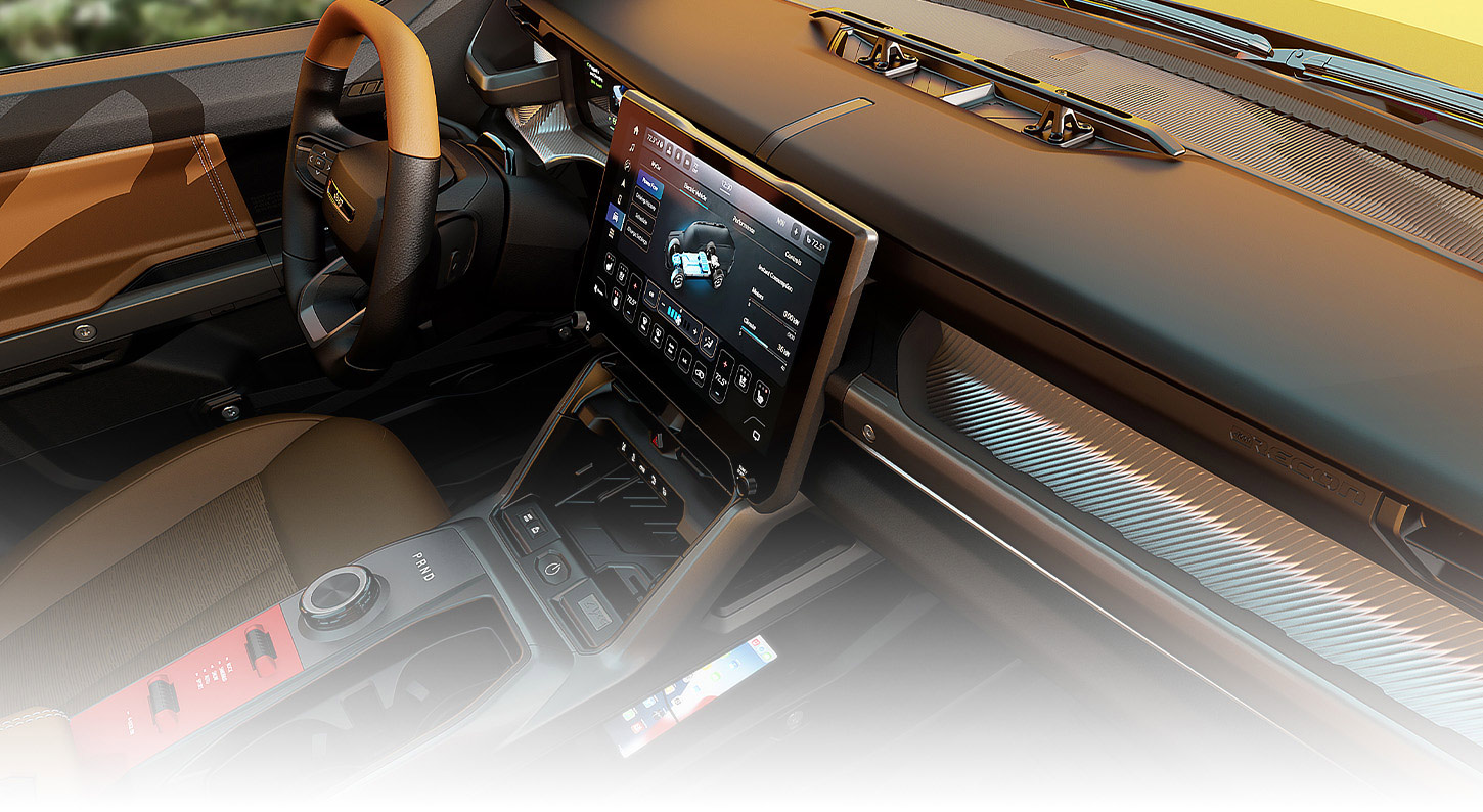 Interior del Jeep Recon 2026 con pantalla táctil, volante multifunción y acabados premium enfocados en confort, tecnología y equipamiento avanzado.