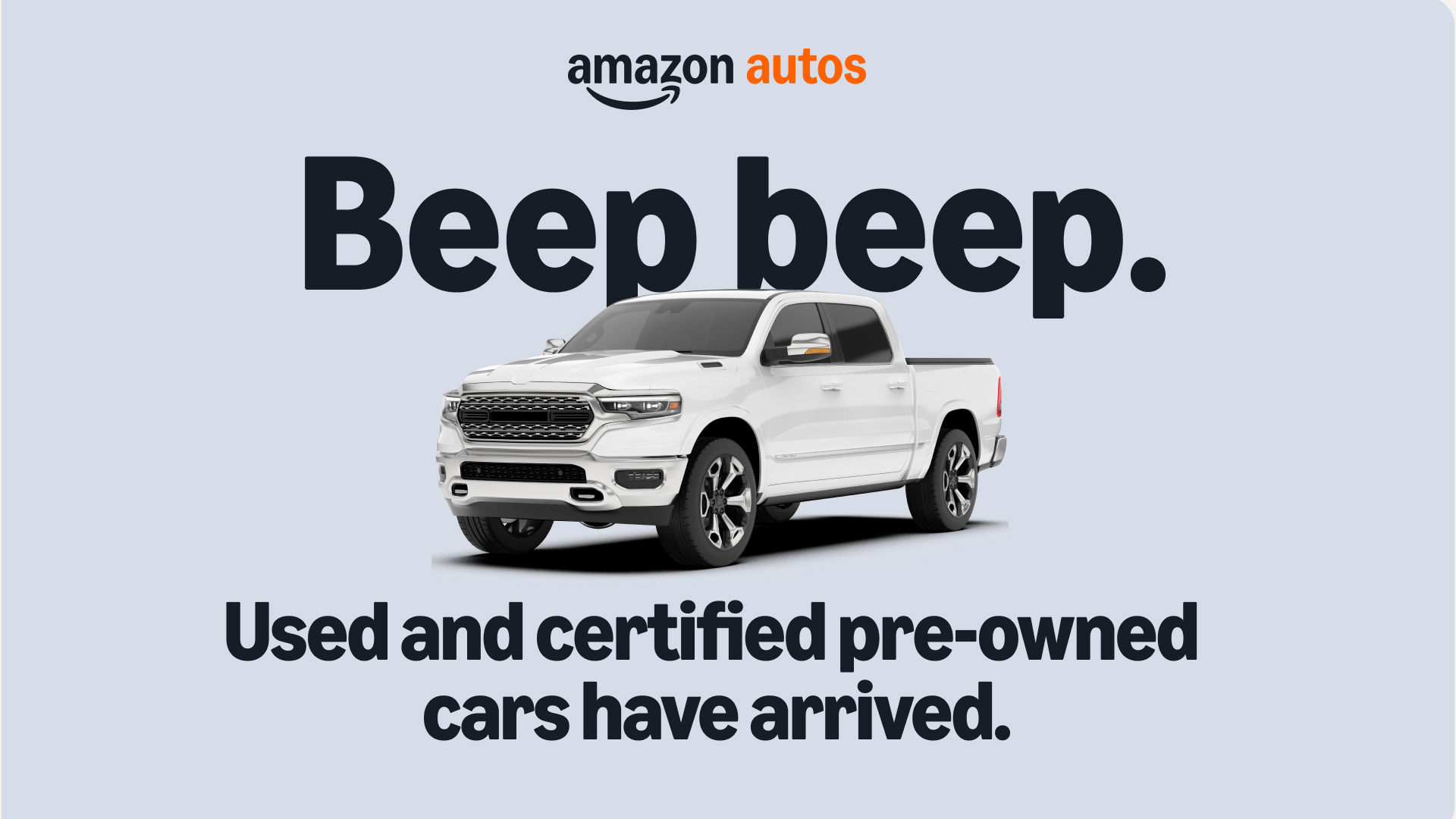Publicidad de Amazon Autos anunciando llegada de autos usados certificados, camioneta blanca y eslogan. Compra de autos Ford certificados en Amazon online.