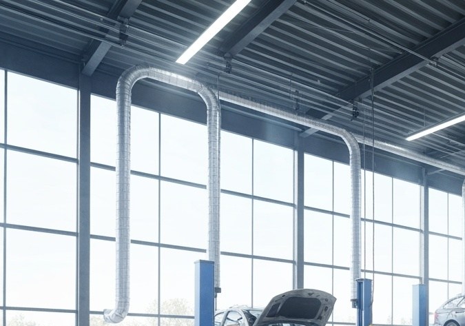 Un taller Grande y realista de reparación o mantenimiento de automóviles con un ambiente industrial. El espacio está iluminado con iluminación natural y artificial, con uno o dos ascensores para vehículos. Uno o dos trabajadores están presentes, vistiendo uniformes mecánicos y comprometidos