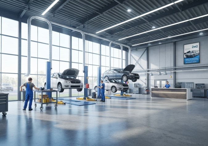 Un taller Grande y realista de reparación o mantenimiento de automóviles con un ambiente industrial. El espacio está iluminado con iluminación natural y artificial, con uno o dos ascensores para vehículos. Uno o dos trabajadores están presentes, vistiendo uniformes mecánicos y comprometidos