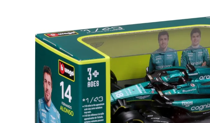 Caja miniatura Burago Aston Martin AMR23 de Alonso 1:43, regalo coleccionable perfecto para seguidores Fórmula 1