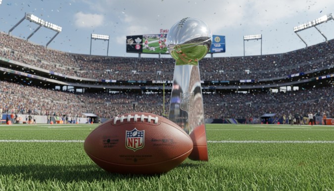 Balón del partido de fútbol americano de la NFL con el trofeo de la Super Bowl en el estadio
