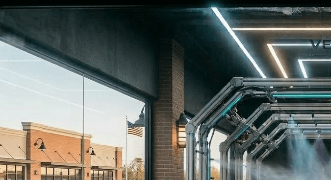 auto azul espumoso en túnel moderno con cortinas plásticas y luces LED.