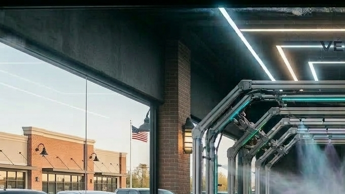 auto azul espumoso en túnel moderno con cortinas plásticas y luces LED.