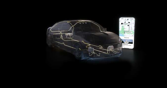 Concepto vehículo autónomo Uber Nvidia, estructura digitalizada y smartphone con mapa robotaxi.