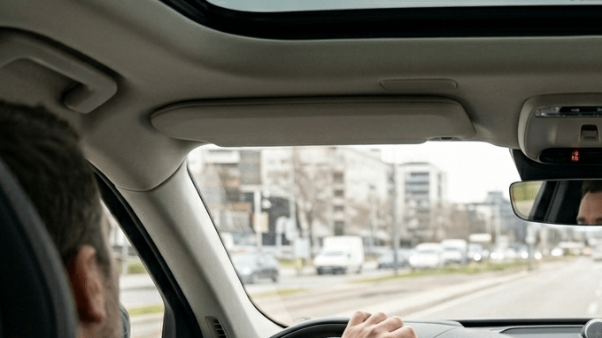 Conductor en un Volvo XC90 con una pequeña pantalla central de Android Automotive y panel de madera.
