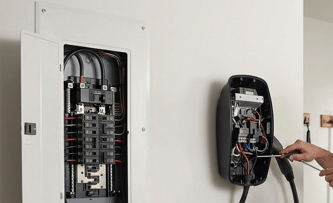 Hombre conectando cargador Tesla en garaje residencial para vehículo eléctrico de lujo.